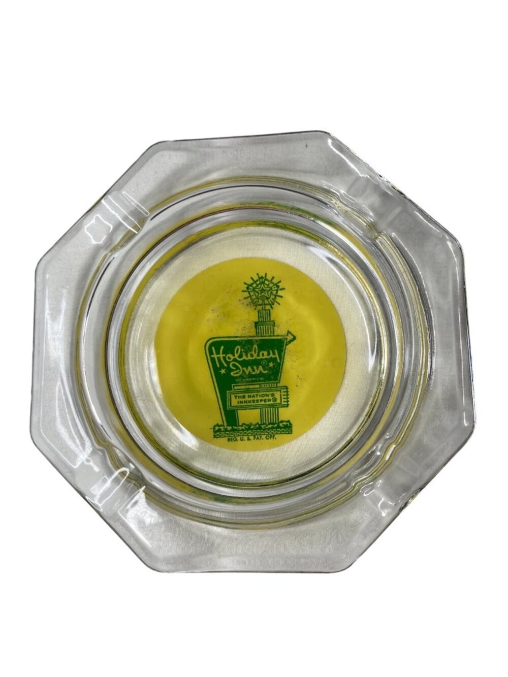 Vintage Holiday Inn Glass Ashtray 5" Glass Yellow Octagon Advertising Souvenir